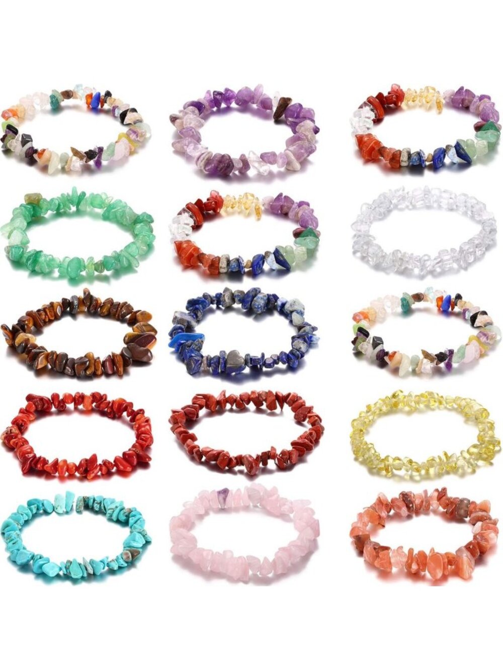 15-Piece Natural Gemstone Crystal Chip Bracelets Set - Stretch Jewelry for Women